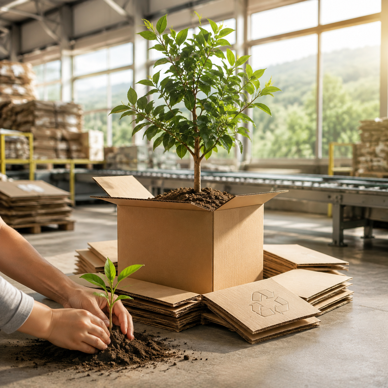 Planta crescendo dentro de uma caixa de papelão kraft em ambiente industrial, simbolizando o compromisso da Ondapel com reciclagem e sustentabilidade