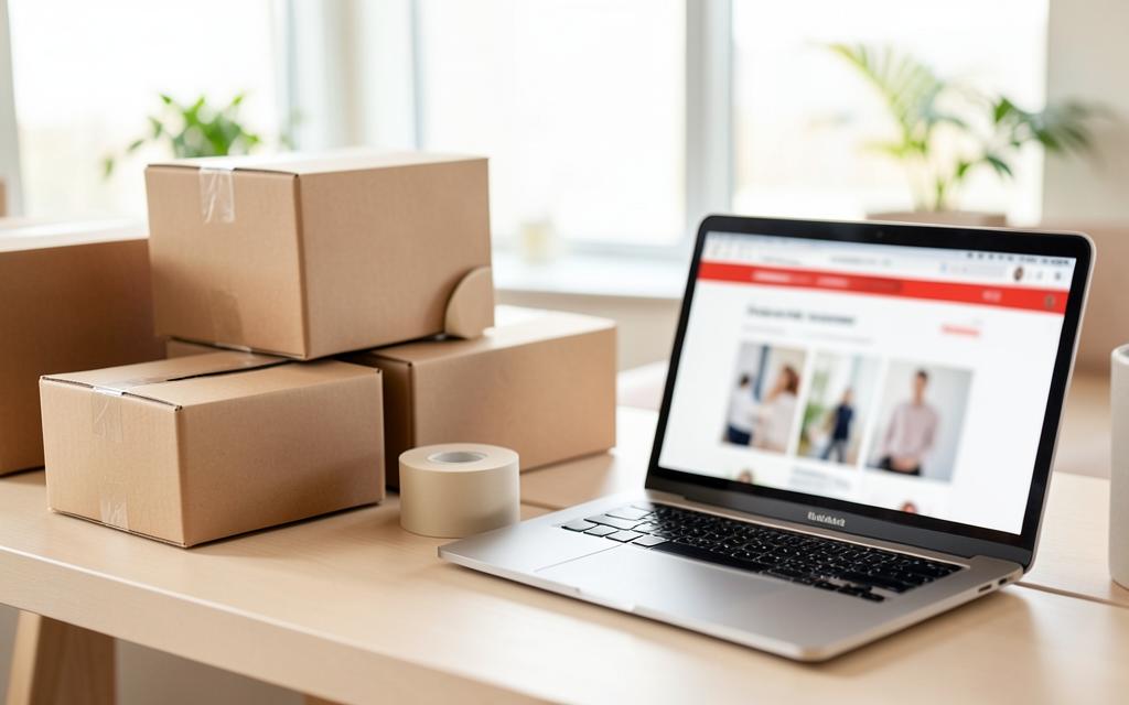 Estação de embalagem de loja virtual com caixas de papelão kraft, fita adesiva e notebook