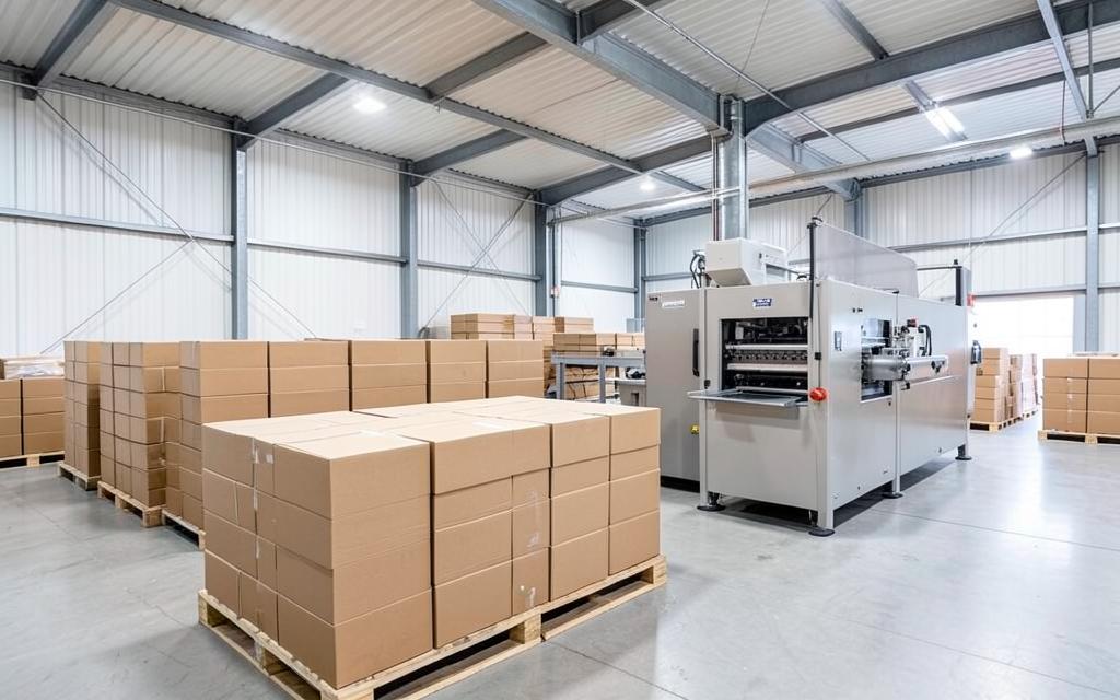 Interior de fábrica de papelão ondulado com pallets de caixas empilhadas e máquina de conversão