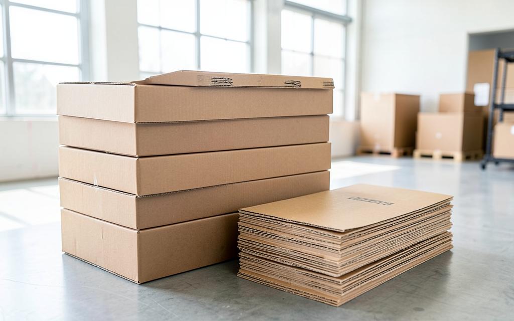 Caixas e chapas de papelão ondulado empilhadas para reaproveitamento em ambiente industrial claro