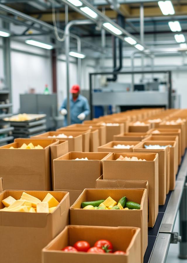 Caixas de papelão em linha de embalagem de alimentos