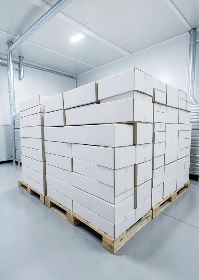 Caixas de papelão em câmara refrigerada de frigorífico e laticínio